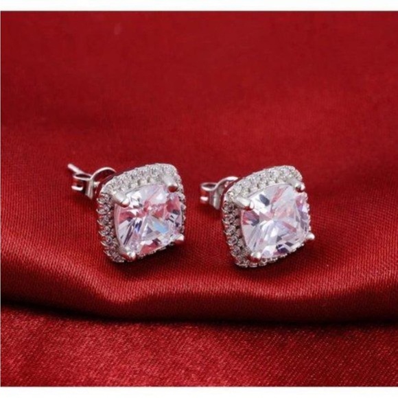 NEW Silver Cushion Diamond Halo Stud Earrings - Picture 7 of 7
